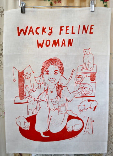 WACKY FELINE WOMAN tea towel